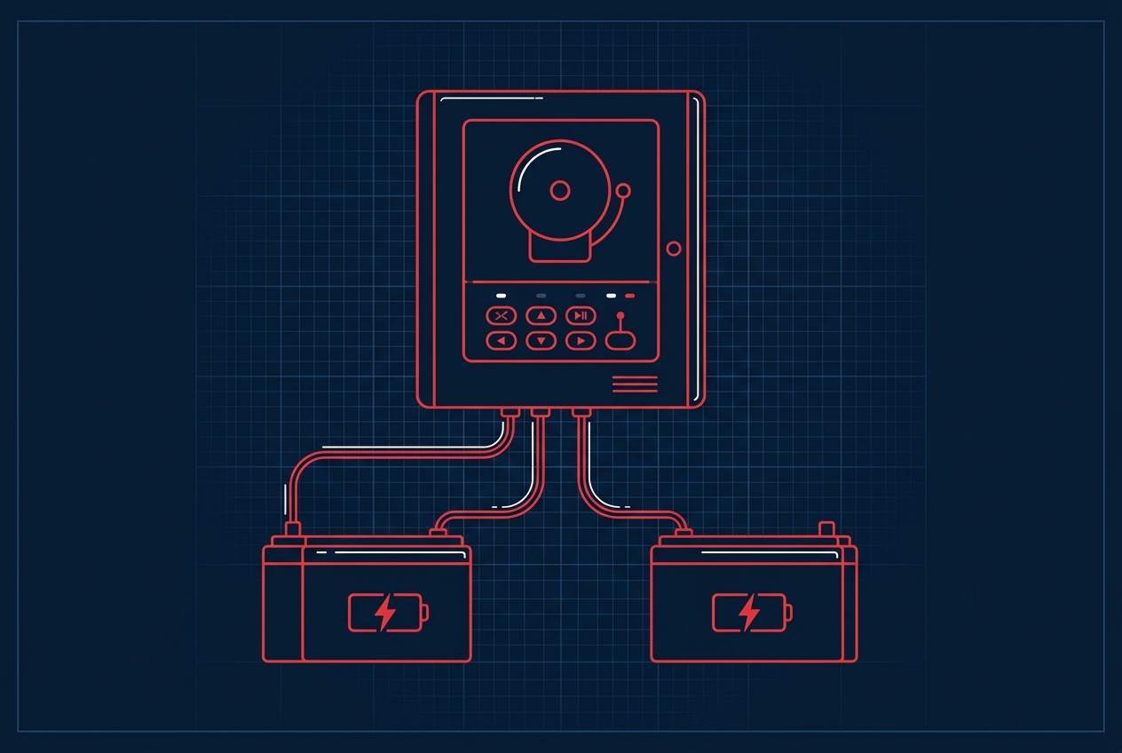 Illustration of a fire alarm control panel connected to two backup batteries